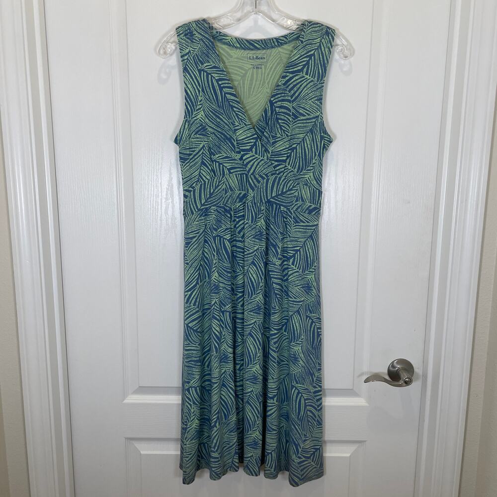 L.L. Bean‎ Jersey Stretch Dress Midi Leaves Print Blue Light Green Vneck S